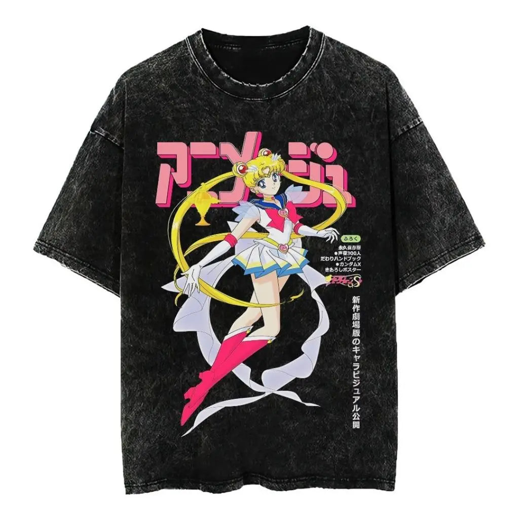 2026 New Arrival Women Sailor Moon 100% Pure Cotton Washed Retro T-shirt Summer Y2K Street Fashion Tops