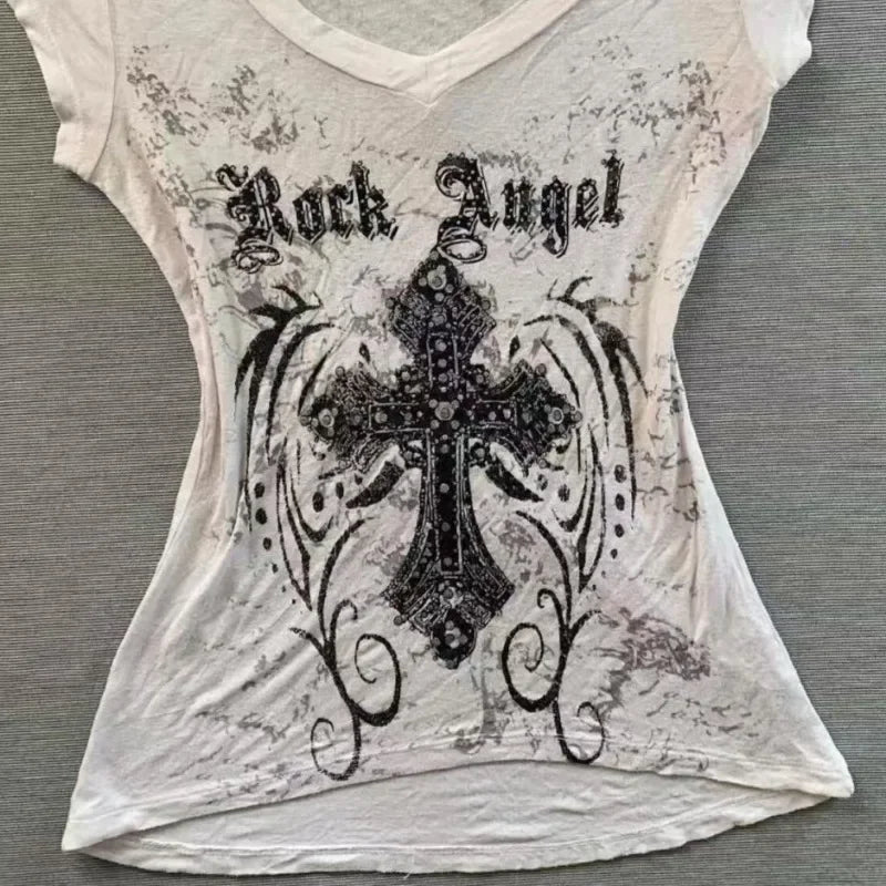 American vintage distressed printed T-shirt, Harajuku style slim short-sleeve T-shirt, punk high street trendy women's top