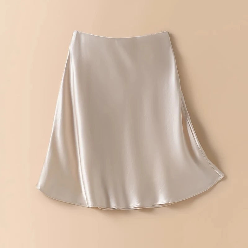 Female Classic High Waist Acetate Satin Skirts Lady Solid Color Party Dresses Girls Korean Fashion Thin A-Line Skirts