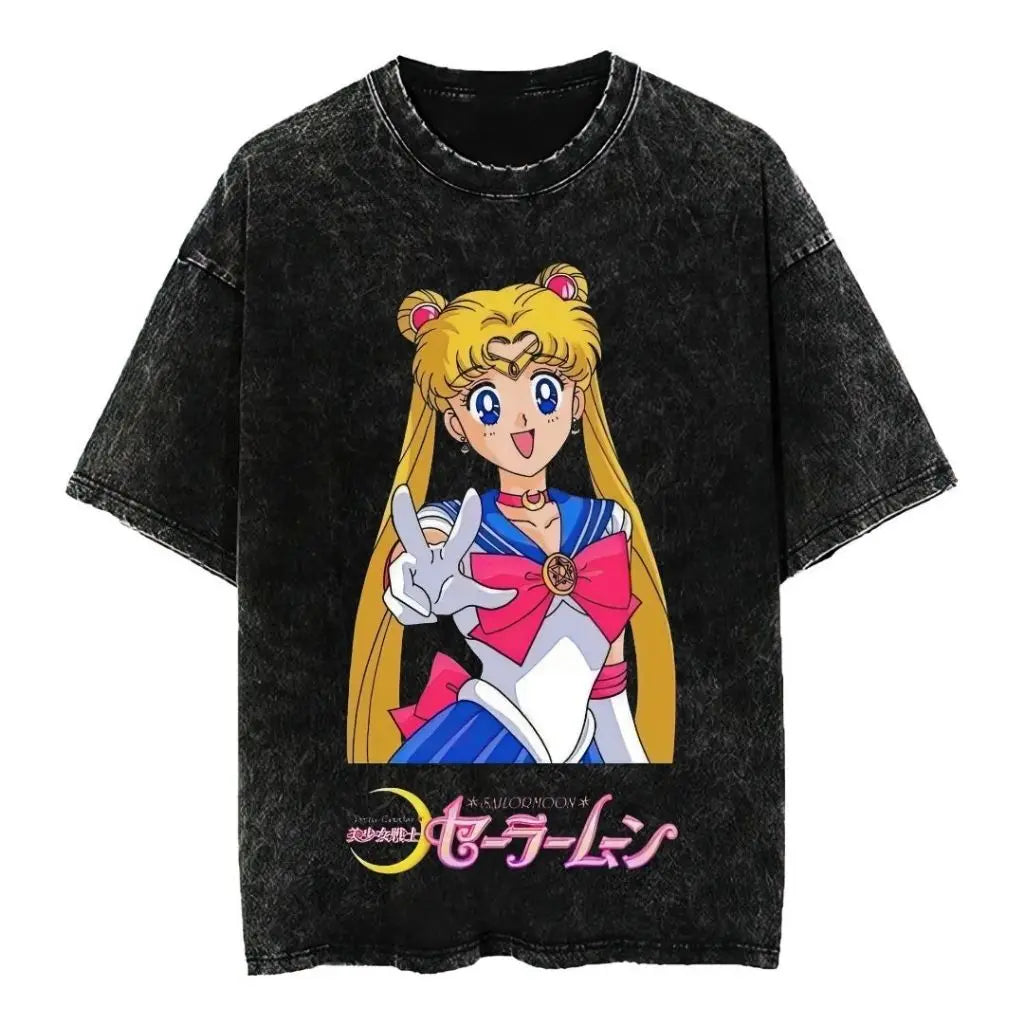 2026 New Arrival Women Sailor Moon 100% Pure Cotton Washed Retro T-shirt Summer Y2K Street Fashion Tops