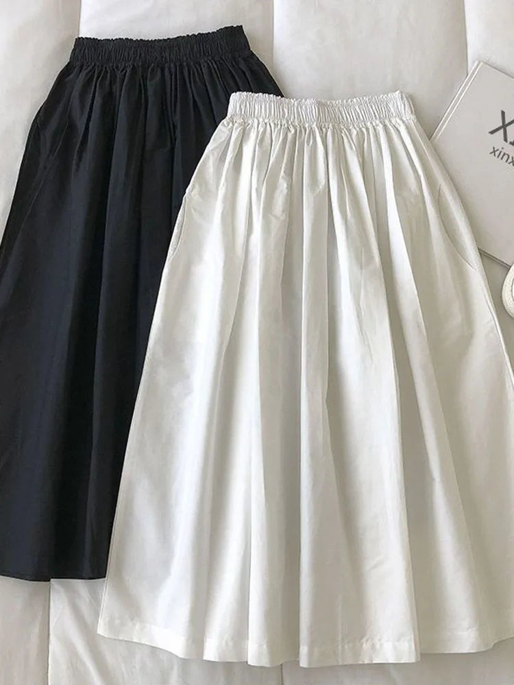 Women's White Long Skirt High Waist A-Line Knee-Length Fashion Pockets Pleated Casual Elegant Skirts for Autumn 2024