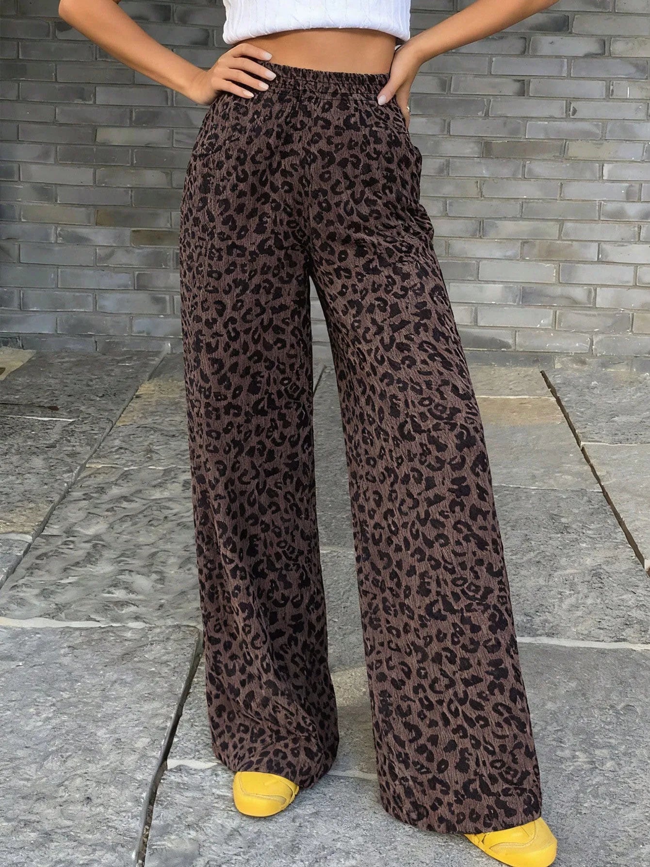 Women's Ribbed Leopard Print Wide Leg Pants, Elastic High Waist Drawstring Palazzo Trousers with Pockets, Casual Street Loose Bo