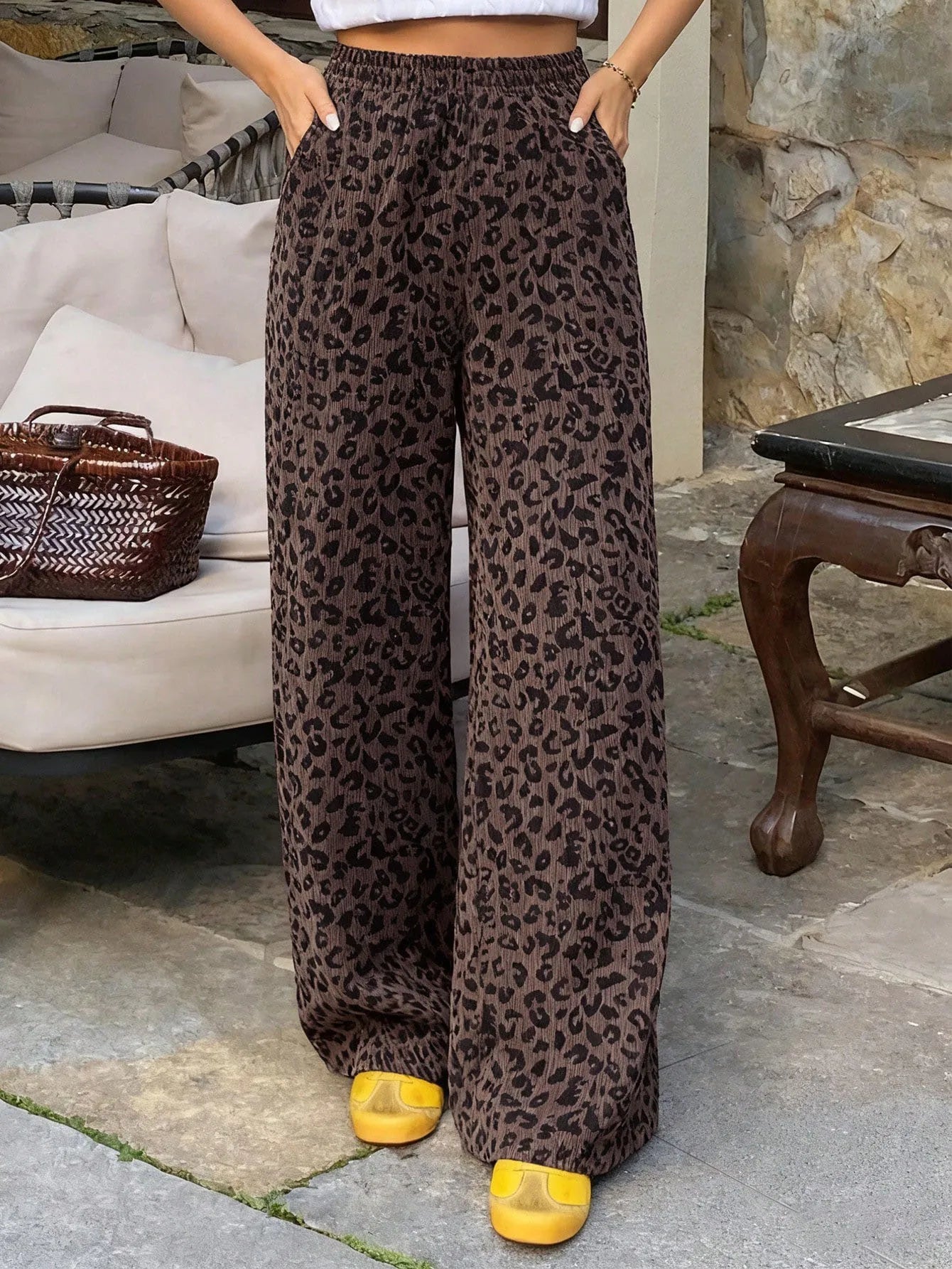 Women's Ribbed Leopard Print Wide Leg Pants, Elastic High Waist...