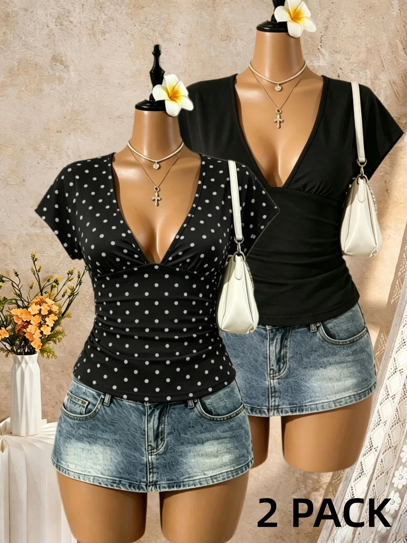 2 Pack Multi-color Women Cap Sleeve Deep V Side Ruched Slim Cropped T Shirt 2026 Summer Y2K Going Out Tops Solid Bodycon Club St