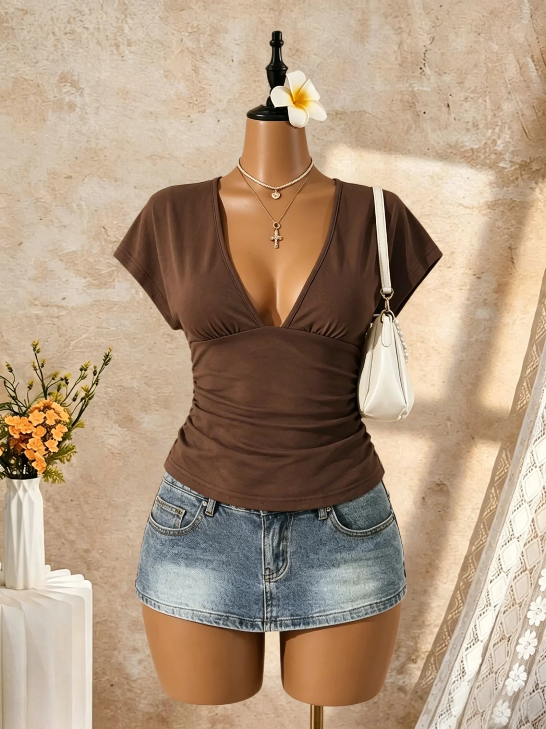 2 Pack Multi-color Women Cap Sleeve Deep V Side Ruched Slim Cropped T Shirt 2026 Summer Y2K Going Out Tops Solid Bodycon Club St