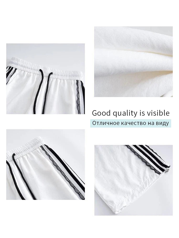 Korean Lace Patchwork Women's Trousers, Side Stripe Webbing Wide-Leg Pants, Casual Baggy Sweatpants, Women's Pants Trend 2026