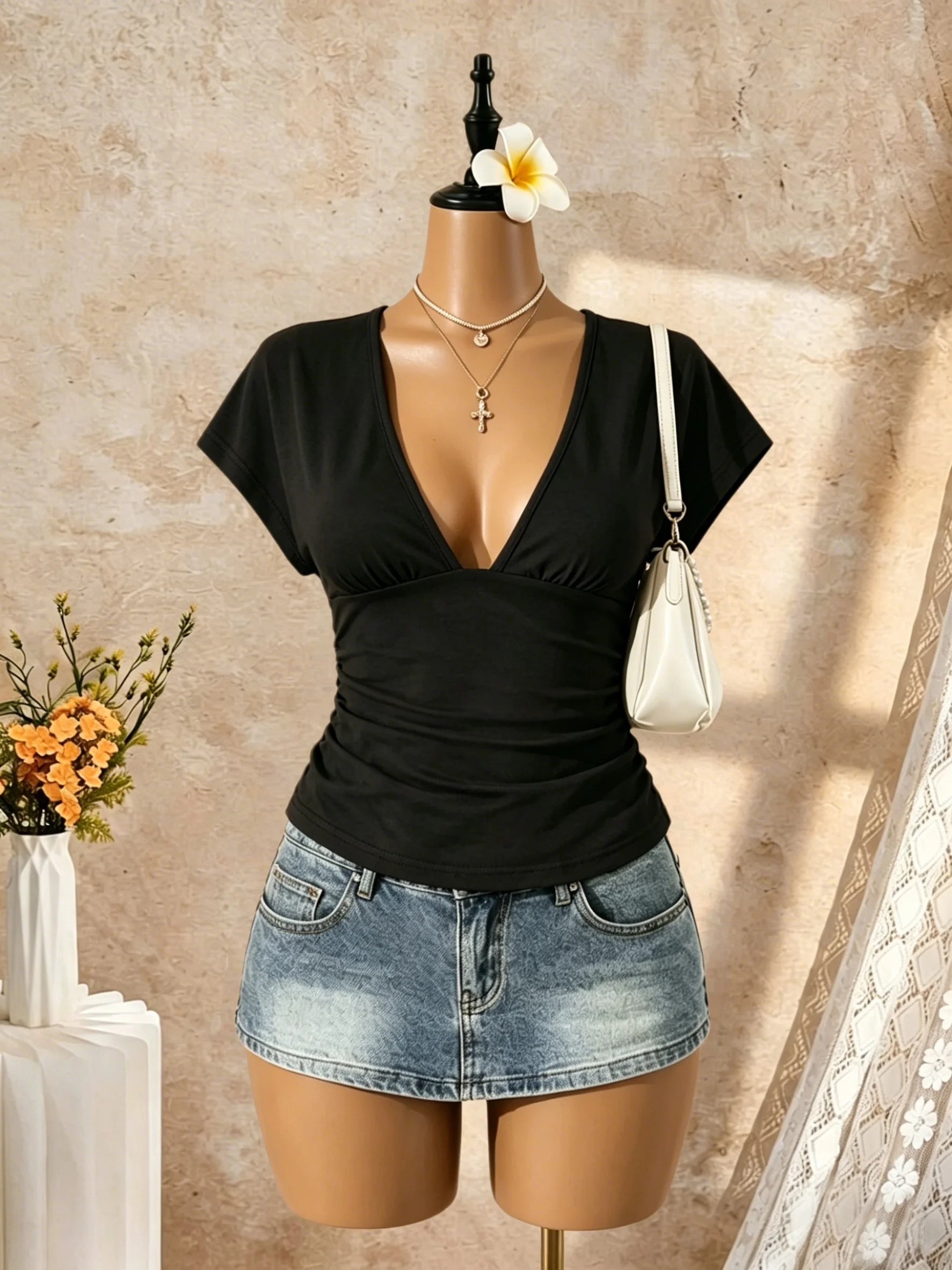 2 Pack Multi-color Women Cap Sleeve Deep V Side Ruched Slim Cropped T Shirt 2026 Summer Y2K Going Out Tops Solid Bodycon Club St