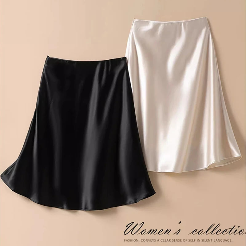 Female Classic High Waist Acetate Satin Skirts Lady Solid Color Party Dresses Girls Korean Fashion Thin A-Line Skirts