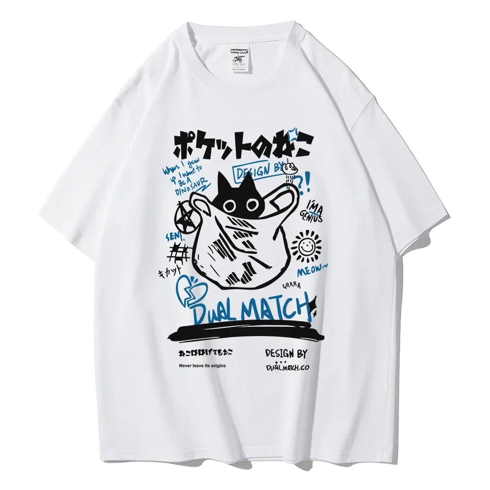 Men Women Cartoon T-Shirts Harajuku Kawaii Cat Printed Short Sleeve Tees Couple Streetwear Clothes Y2K Tops Graphic T Shirts