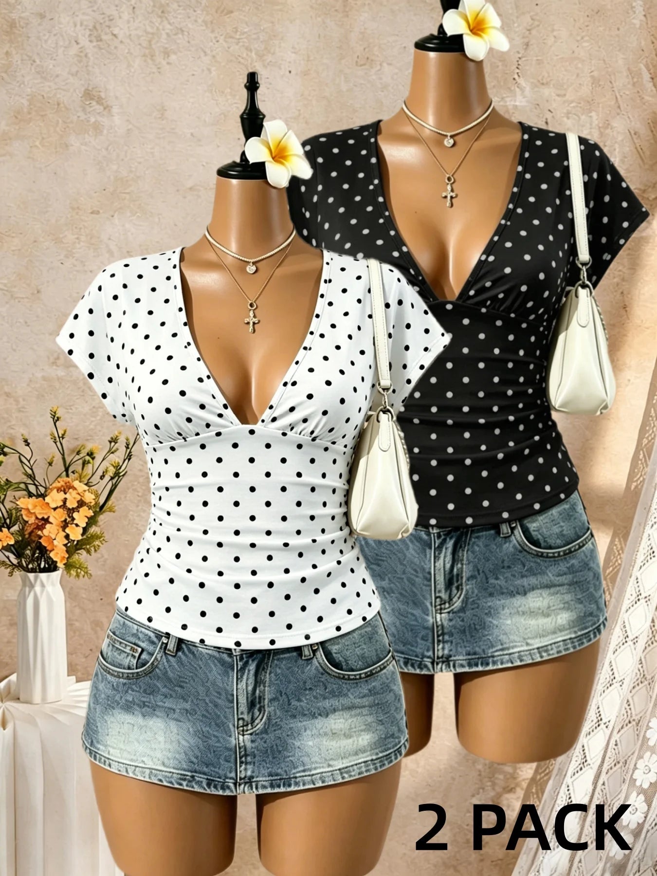 2 Pack Multi-color Women Cap Sleeve Deep V Side Ruched Slim Cropped T Shirt 2026 Summer Y2K Going Out Tops Solid Bodycon Club St
