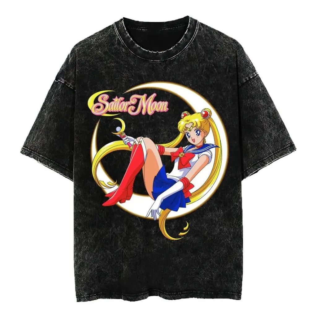 2026 New Arrival Women Sailor Moon 100% Pure Cotton Washed Retro T-shirt Summer Y2K Street Fashion Tops