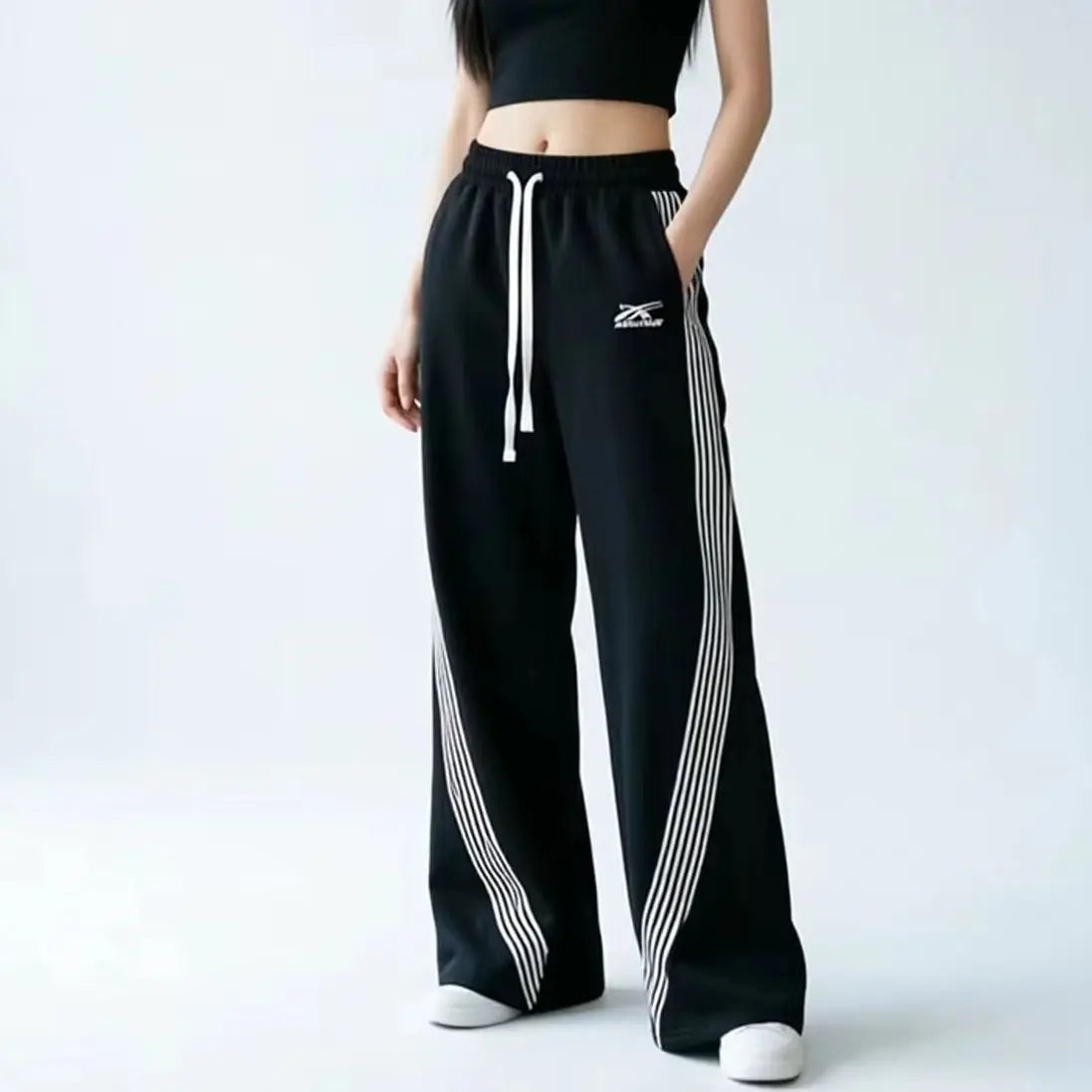 Y2k Baggy Black Hip Hop Pants Women's Drawstring Straight Leg Loose Striped Jogging Harajuku Sweatpants Retro Women's Streetwear