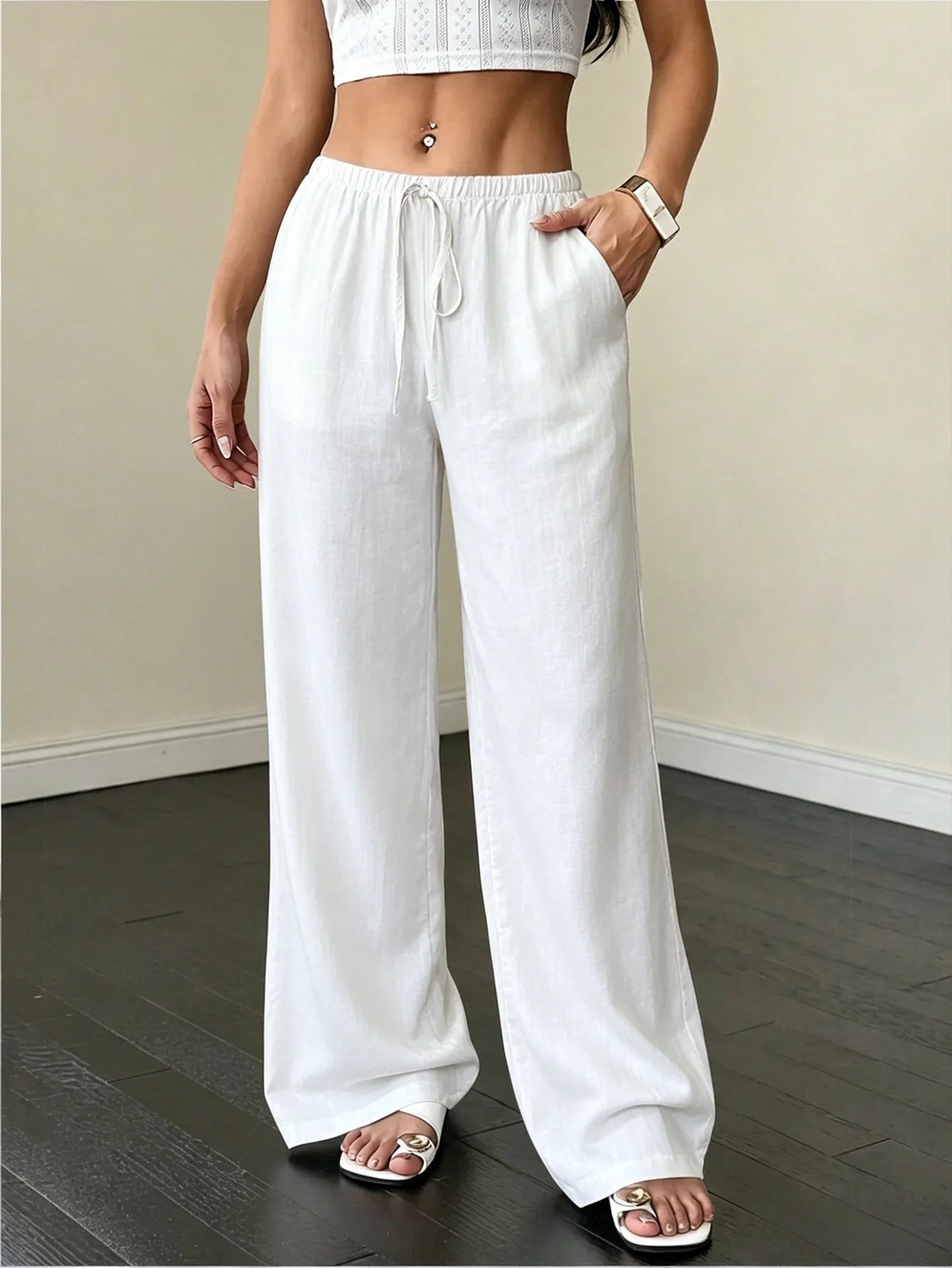 Women Summer Linen Wide Leg Pants Drawstring Elastic Waist Trou...