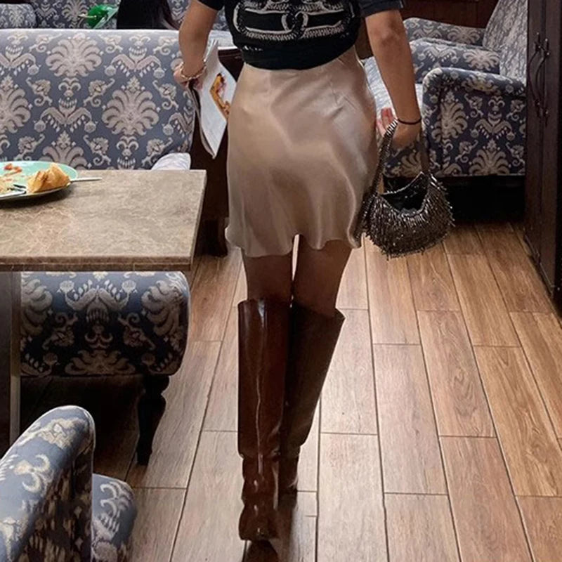 Female Classic High Waist Acetate Satin Skirts Lady Solid Color Party Dresses Girls Korean Fashion Thin A-Line Skirts