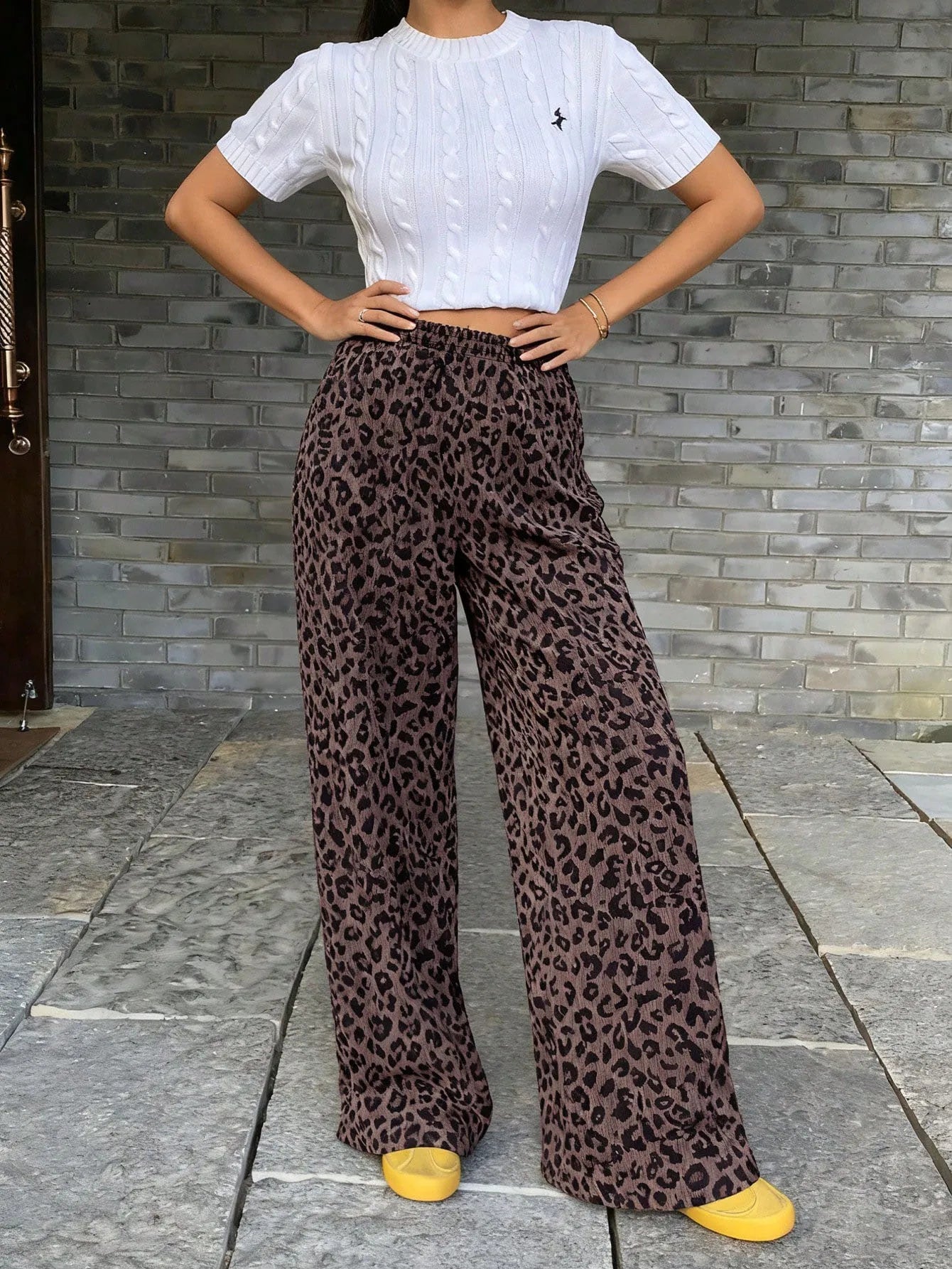 Women's Ribbed Leopard Print Wide Leg Pants, Elastic High Waist Drawstring Palazzo Trousers with Pockets, Casual Street Loose Bo